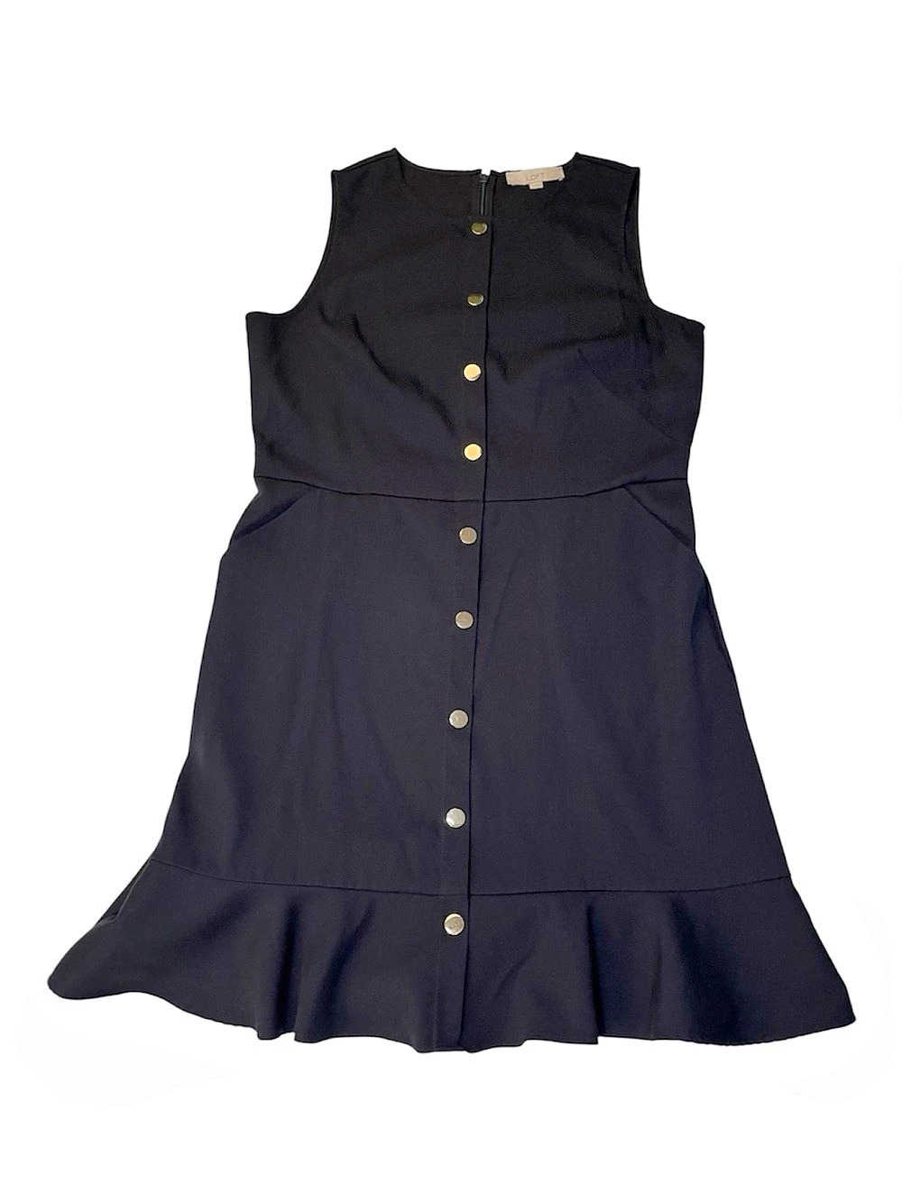 LOFT Button Front Ruffle Hem Dress Navy Blue Size 14
